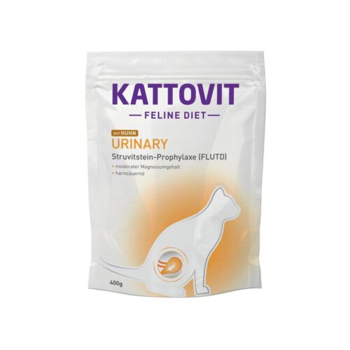 Η Kattovit Urinary Chicken έχει σχεδιαστεί για την μείωση και πρόληψη των λίθων στο ουροποιητικό σύστημα (Ασθένεια του κατώτερου ουροποιητικού συστήματος της γάτας – FLUTD). Η σύνθεση της αναπτύχθηκε έτσι ώστε η τιμή του pH των ούρων της γάτας να είναι κάτω από 6,5. Επιπλέον, έχει ιδιότητες οξίνισης των ούρων μέσω της DL-μεθειονίνης, του χλωριούχου αμμωνίου και της χαμηλής περιεκτικότητας σε μαγνήσιο. C – φόρμουλα πλήρης κλινική ξηρά τροφή για ενήλικες γάτες για την πρόληψη και αντιμετώπιση των λίθων στρουβίτη / FLUTD με ουσίες οξινοποίησης των ούρων χαμηλή περιεκτικότητα σε μαγνήσιο με κοτόπουλο φακελάκι